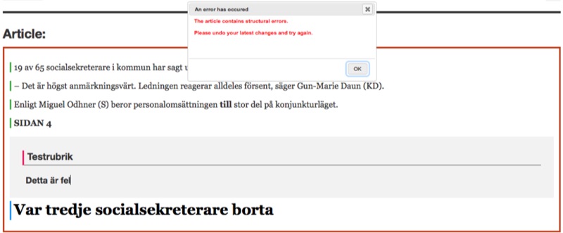 Red border and an error dialog is shown when the content is invalid.
