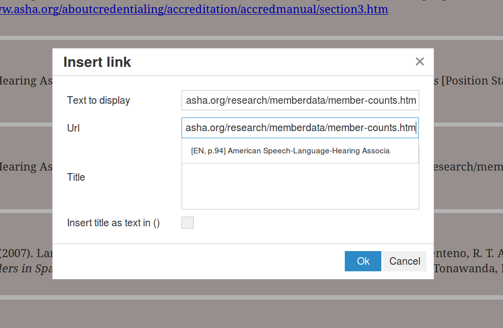 Creating an external link in the link dialog.