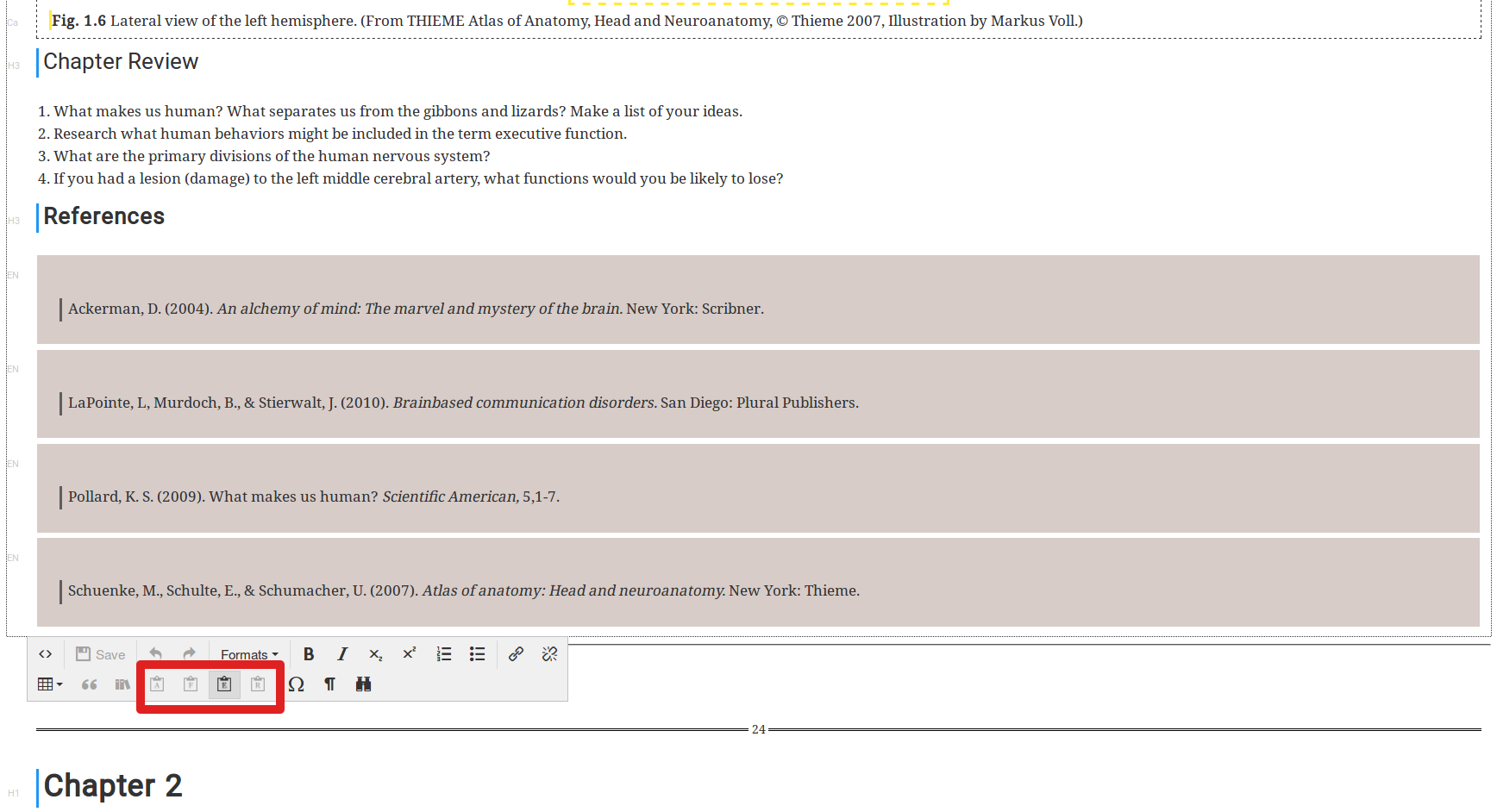 The toolbar buttons for notes, and how notes are visualized in the content editor.
